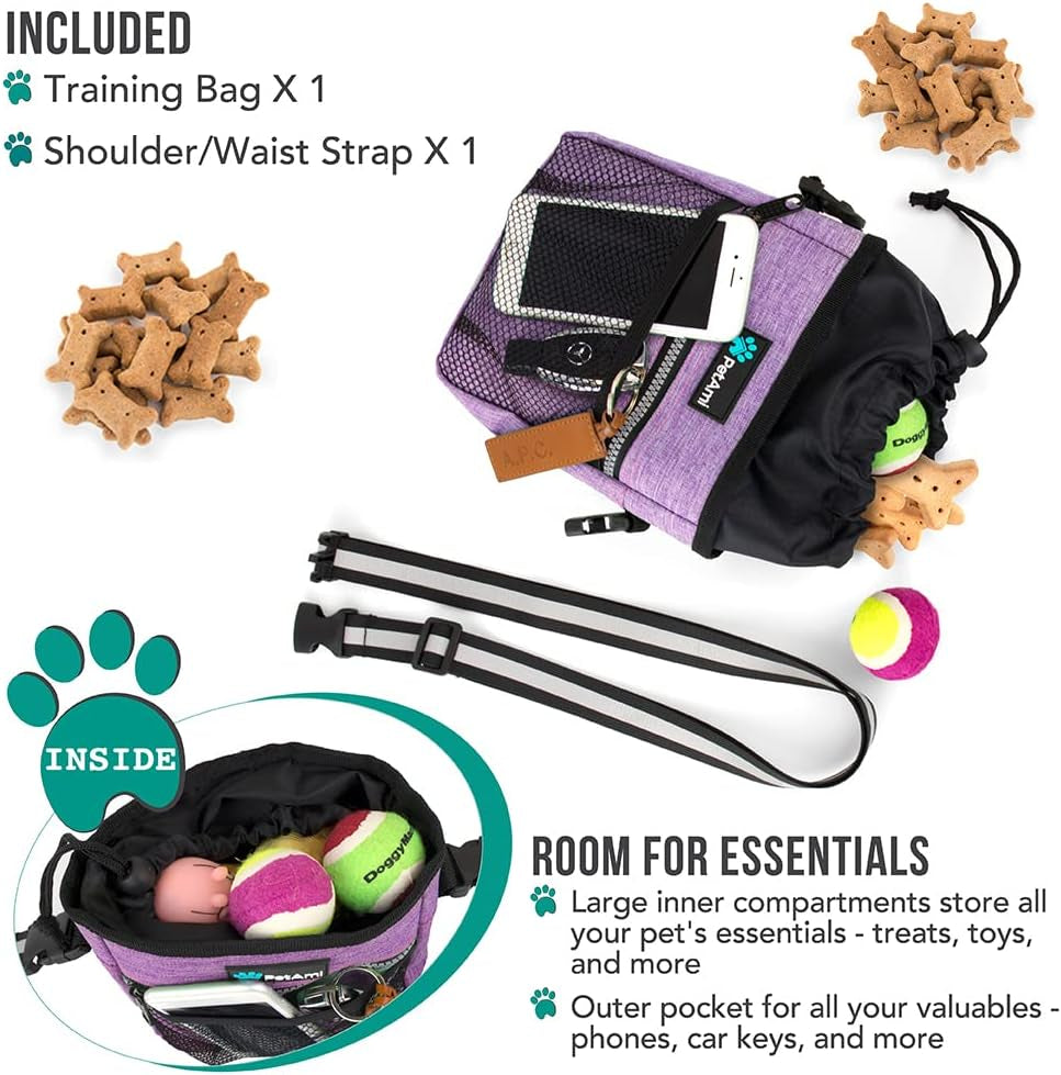 Dog Treat Pouch | Dog Training Pouch Bag with Waist Shoulder Strap, Poop Bag Dispenser and Collapsible Bowl | Treat Training Bag for Treats, Kibbles, Pet Toys | 3 Ways to Wear